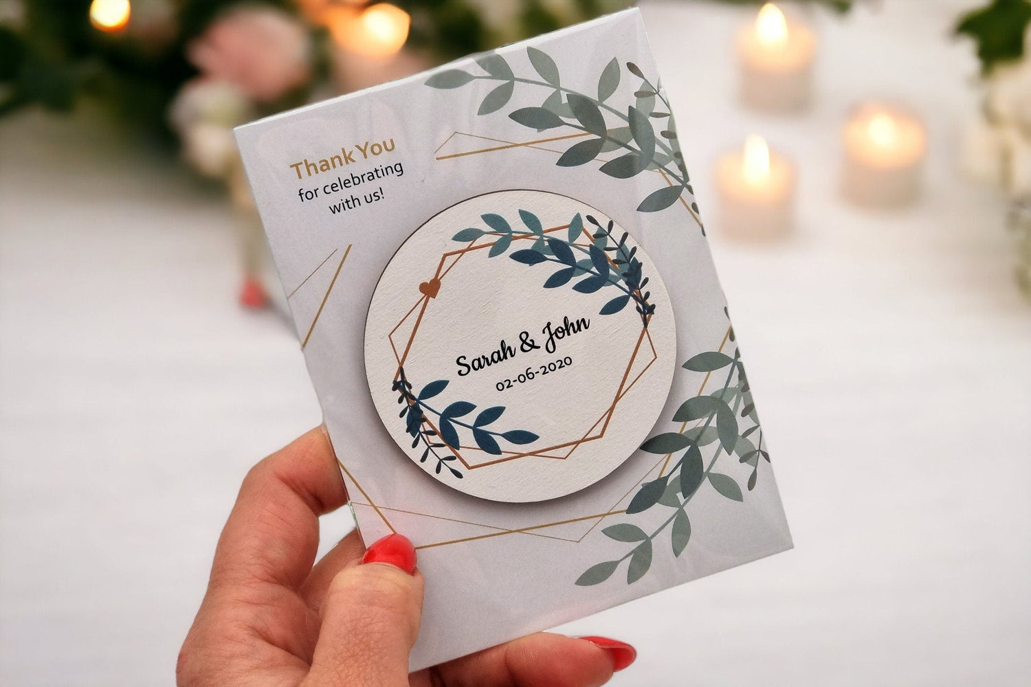 Personalized wedding magnet with floral design and 'thank you' text.