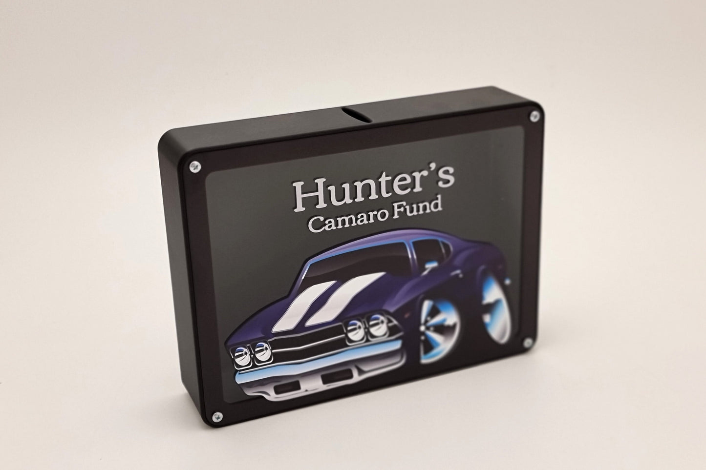 Personalized Camaro-themed piggy bank for Hunter with coins, a perfect gift for car lovers