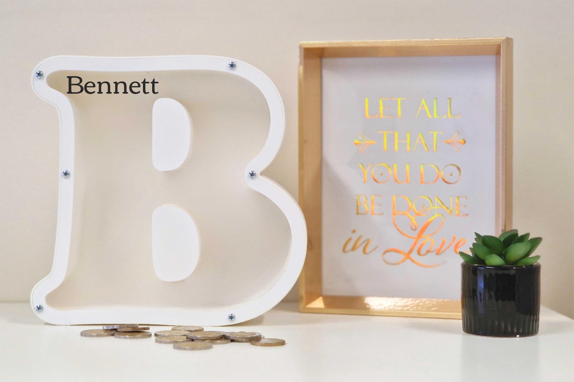 Personalized letter B piggy bank with the name Bennett, ideal gift for kids or special occasions.