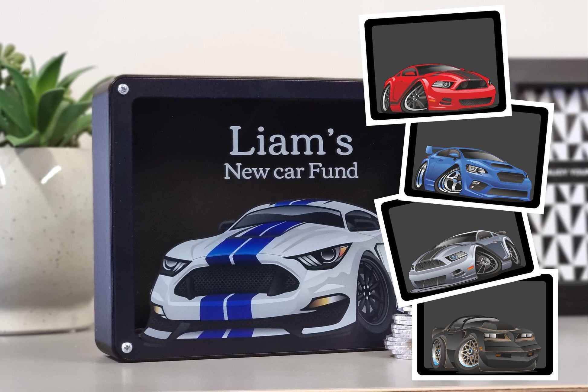 Personalized car piggy bank with the name Liam, featuring car designs, ideal gift for car enthusiasts.