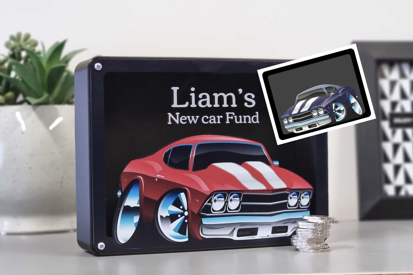 Personalized red car piggy bank with the name Liam, ideal gift for car enthusiasts and kids.