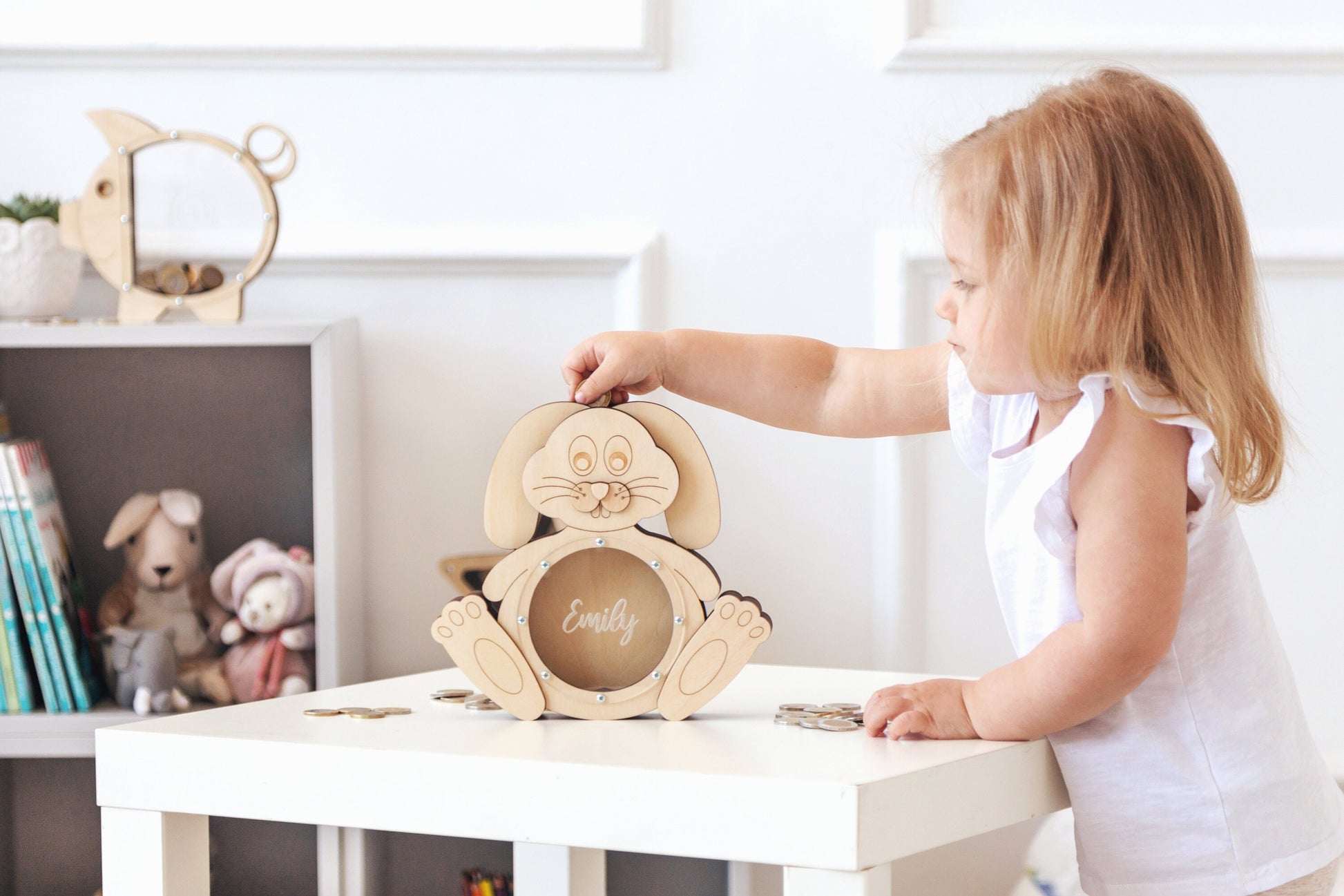 Wooden piggy bank, Easter bunny, Personalized bank Rabbit