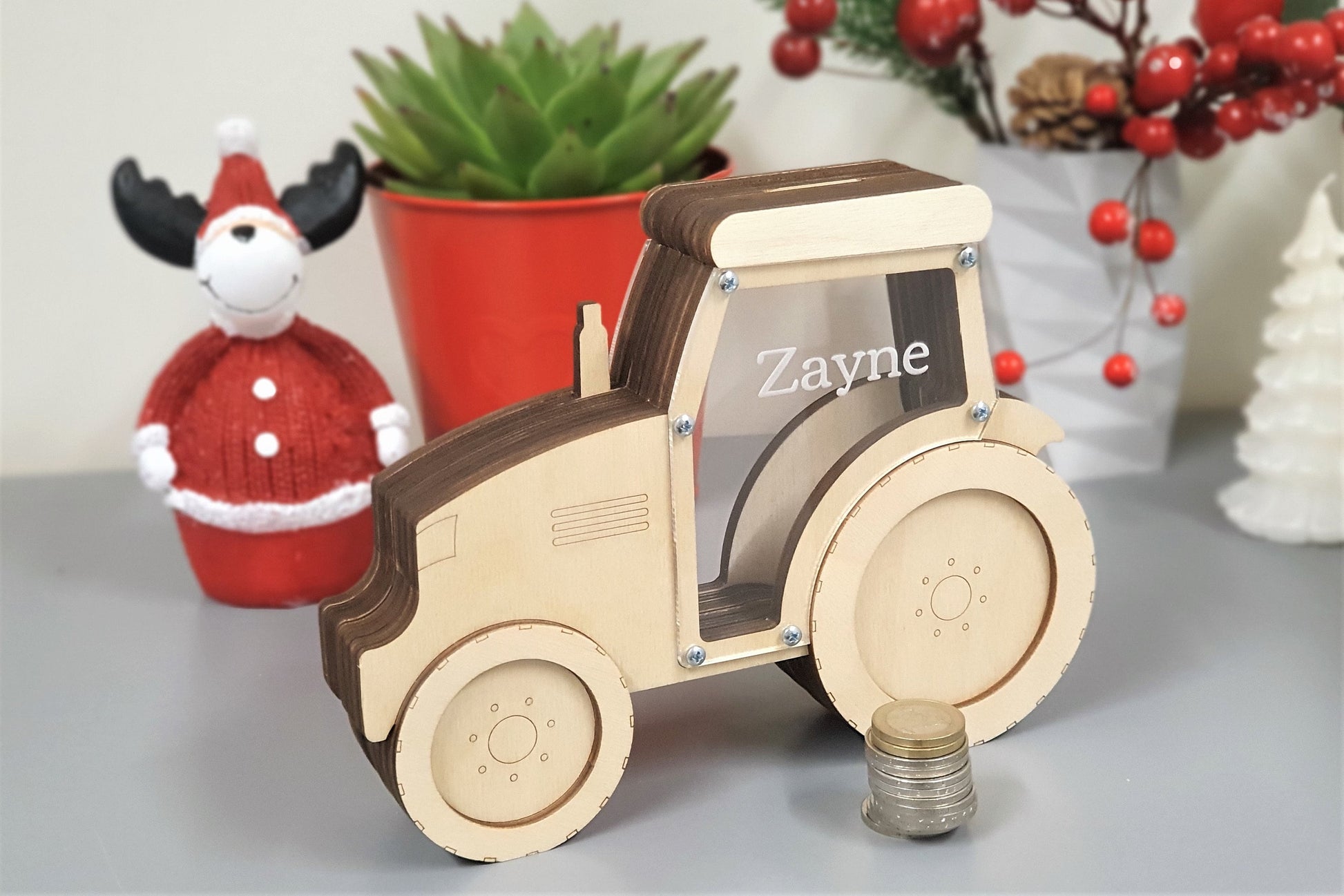 Wooden piggy bank Tractor Moneybox Birthday gift, Piggy banks for boys, gifts for dad Money bank Engraved Gift for kid