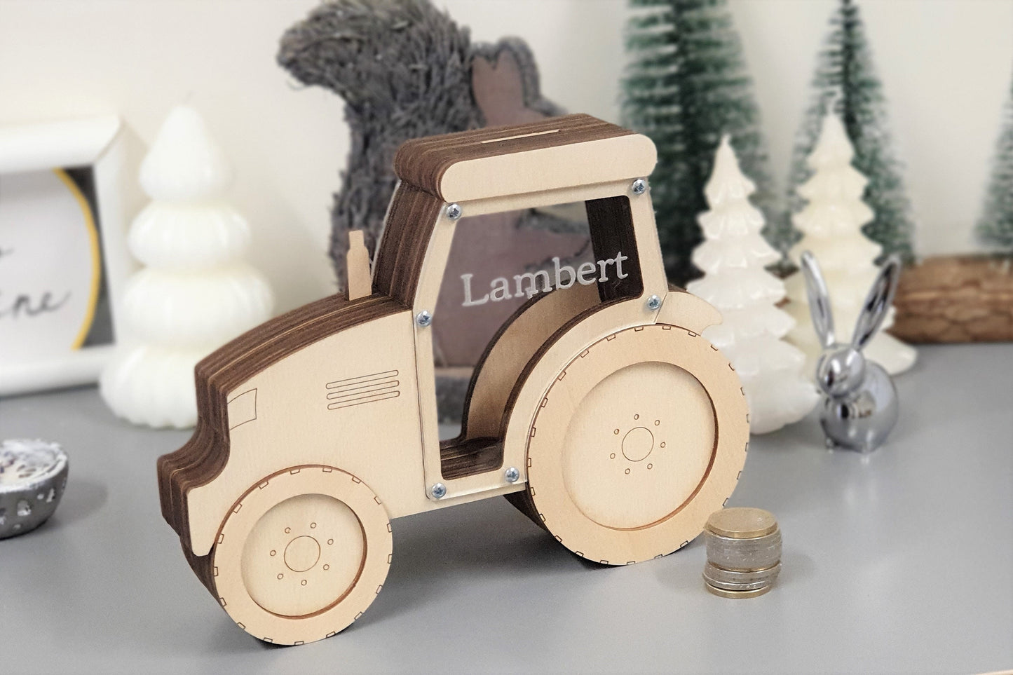 Wooden piggy bank Tractor Moneybox Birthday gift, Piggy banks for boys, gifts for dad Money bank Engraved Gift for kid