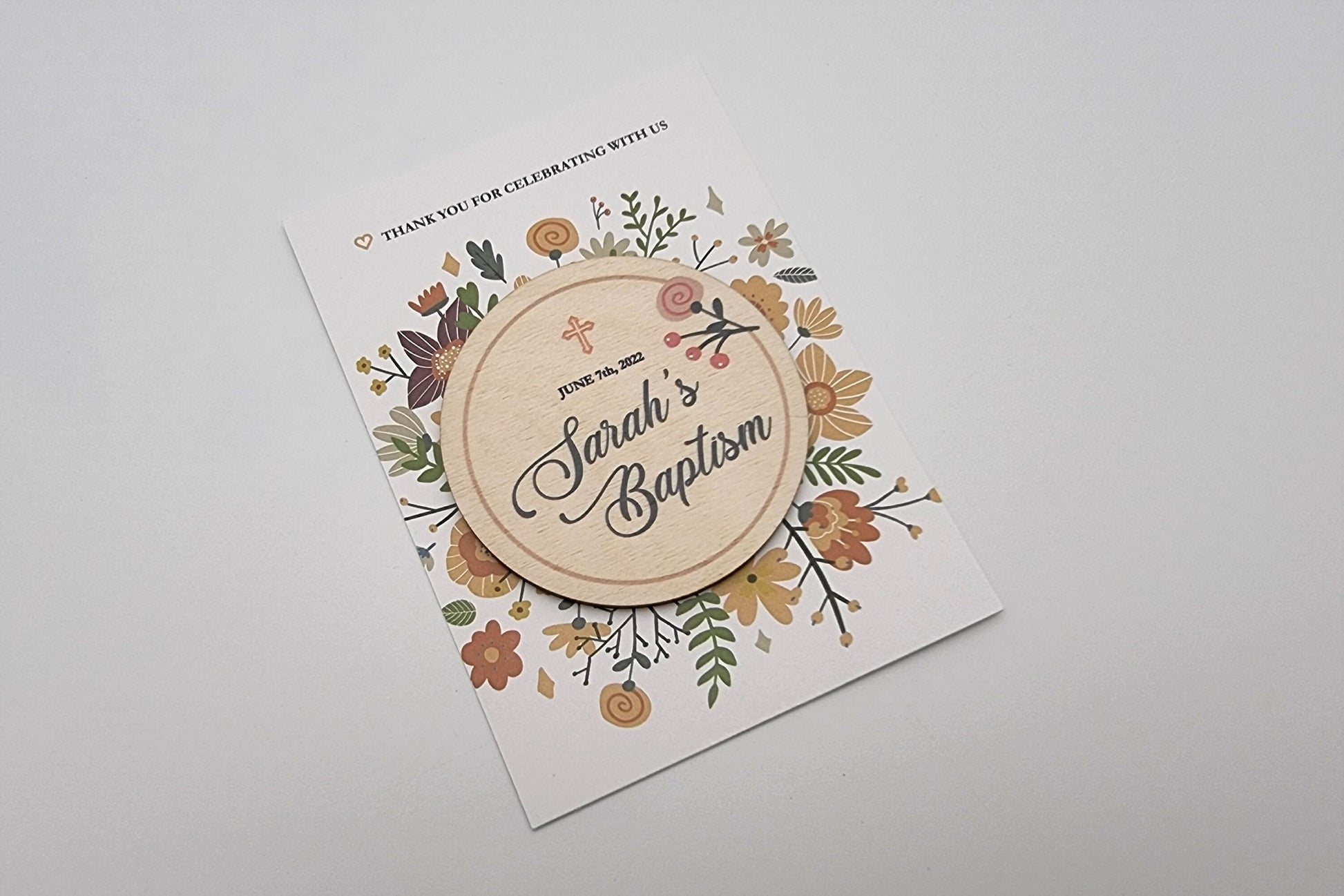 Floral baptism favors, Personalized refrigerator magnets, Autumn baptism favors