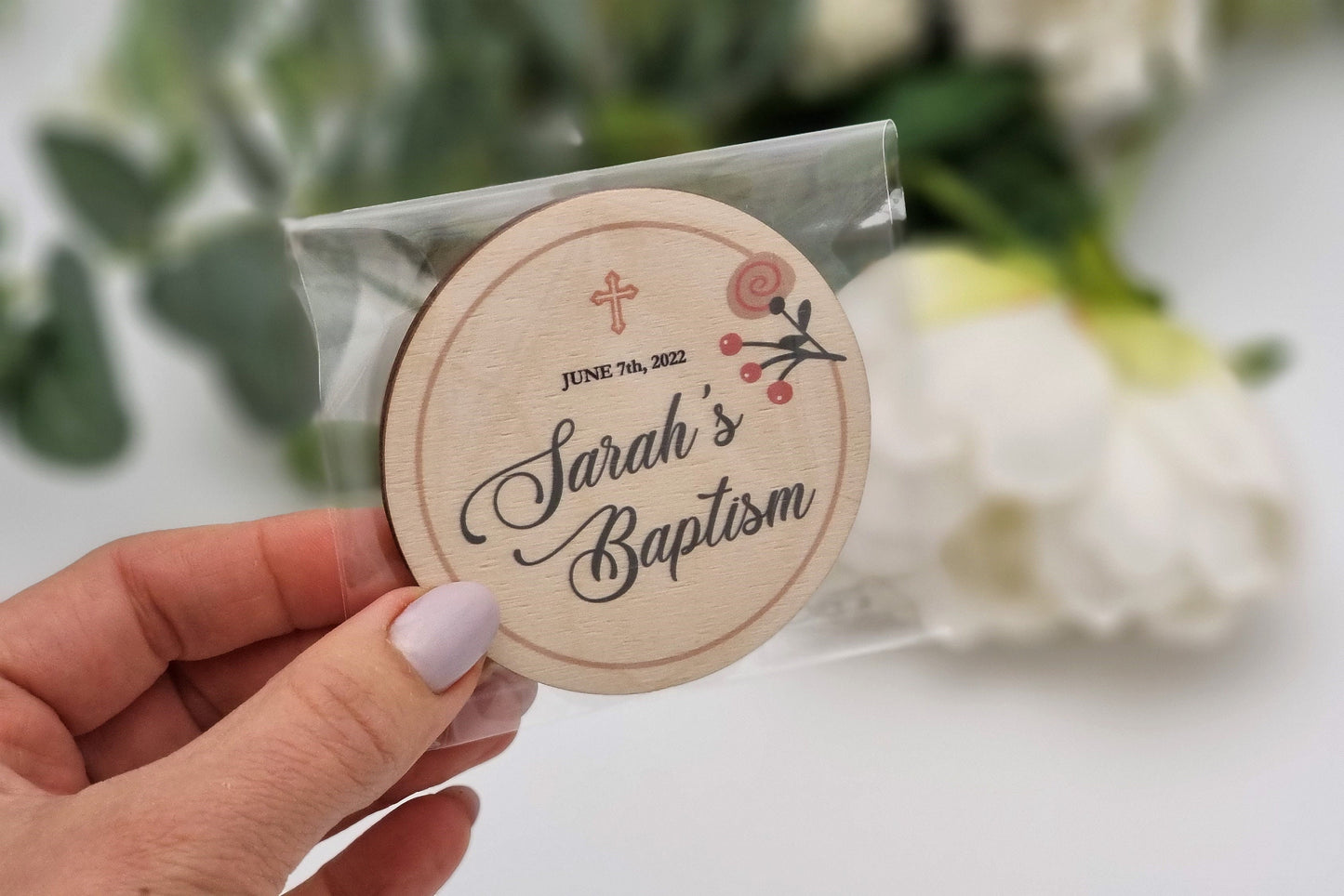 Floral baptism favors, Personalized refrigerator magnets, Autumn baptism favors