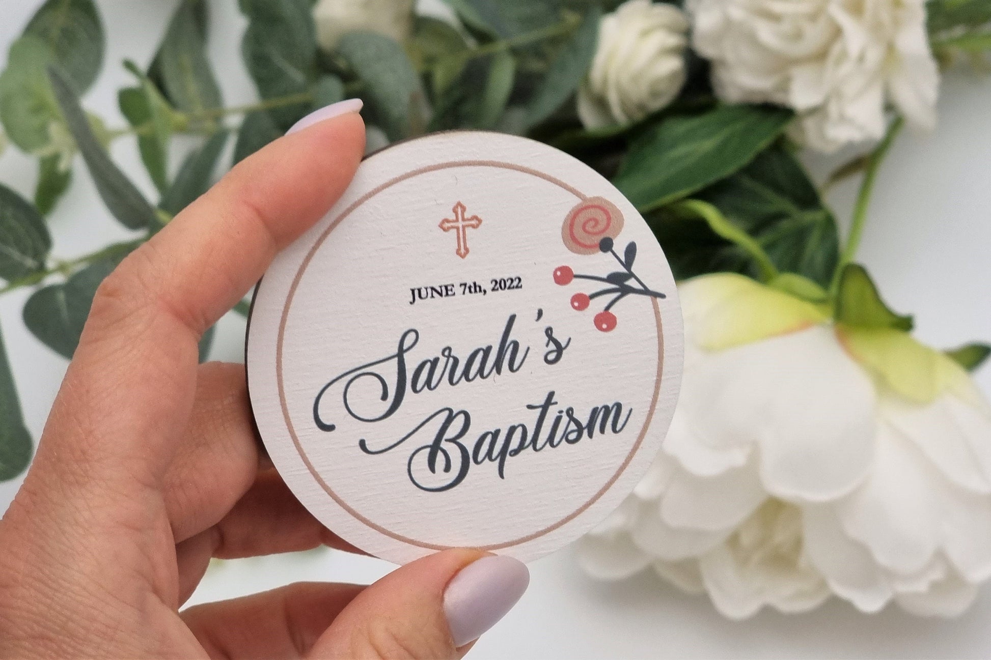 Floral baptism favors, Personalized refrigerator magnets, Autumn baptism favors