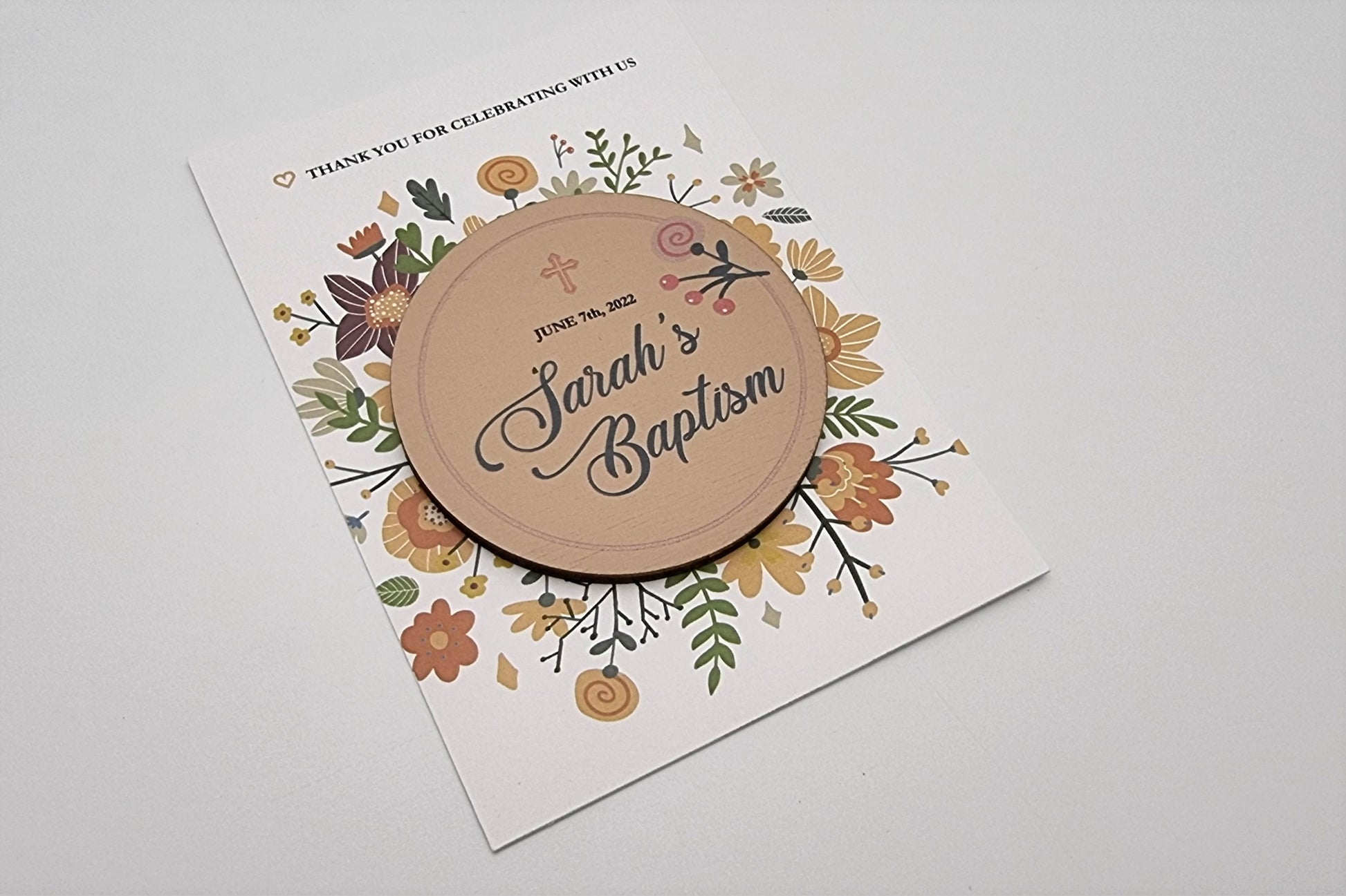 Floral baptism favors, Personalized refrigerator magnets, Autumn baptism favors