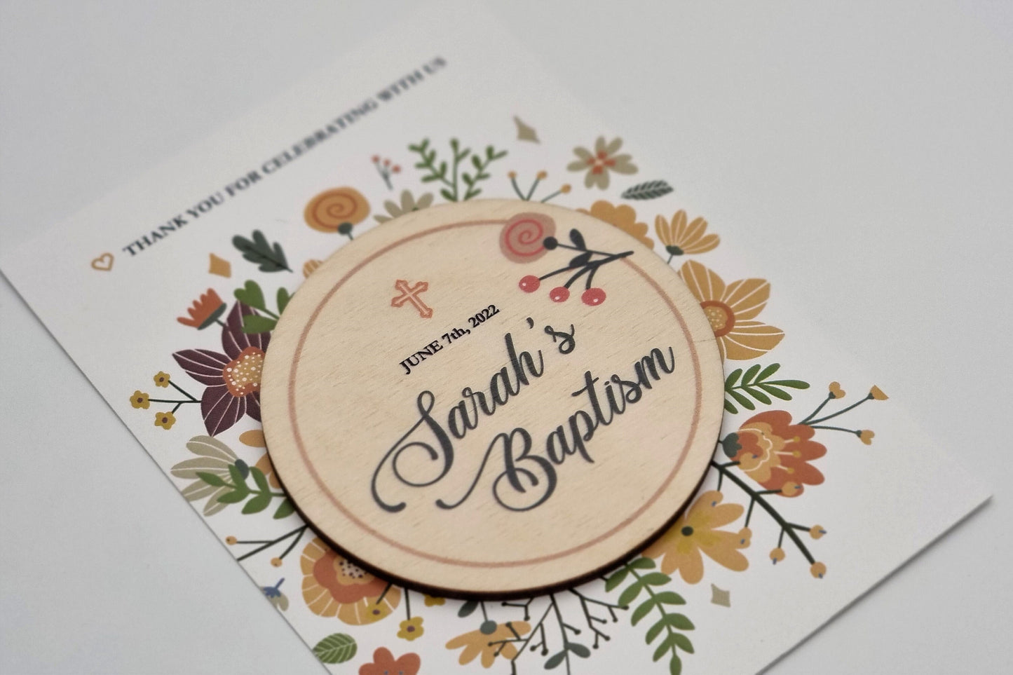 Floral baptism favors, Personalized refrigerator magnets, Autumn baptism favors