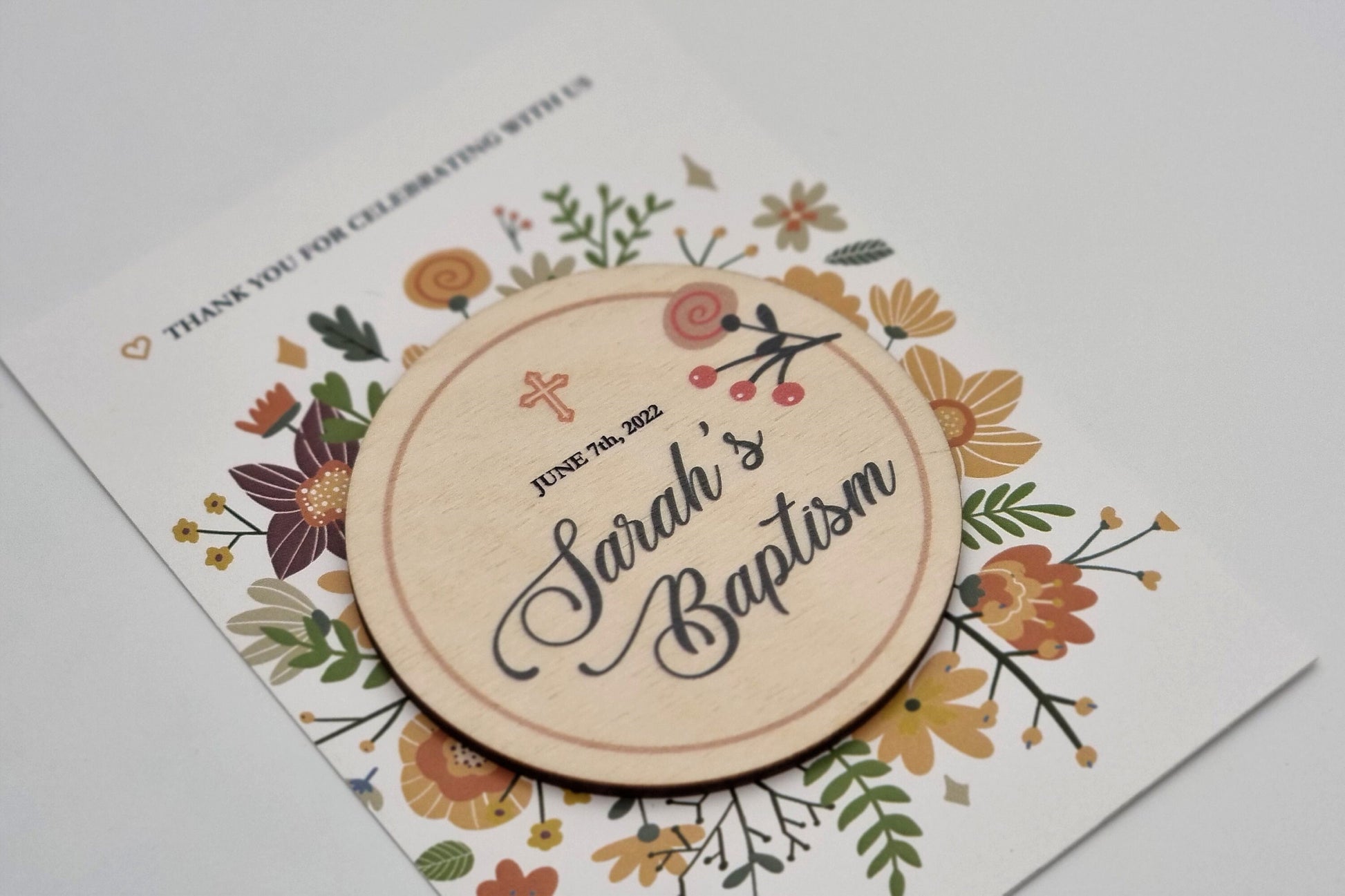 Floral baptism favors, Personalized refrigerator magnets, Autumn baptism favors