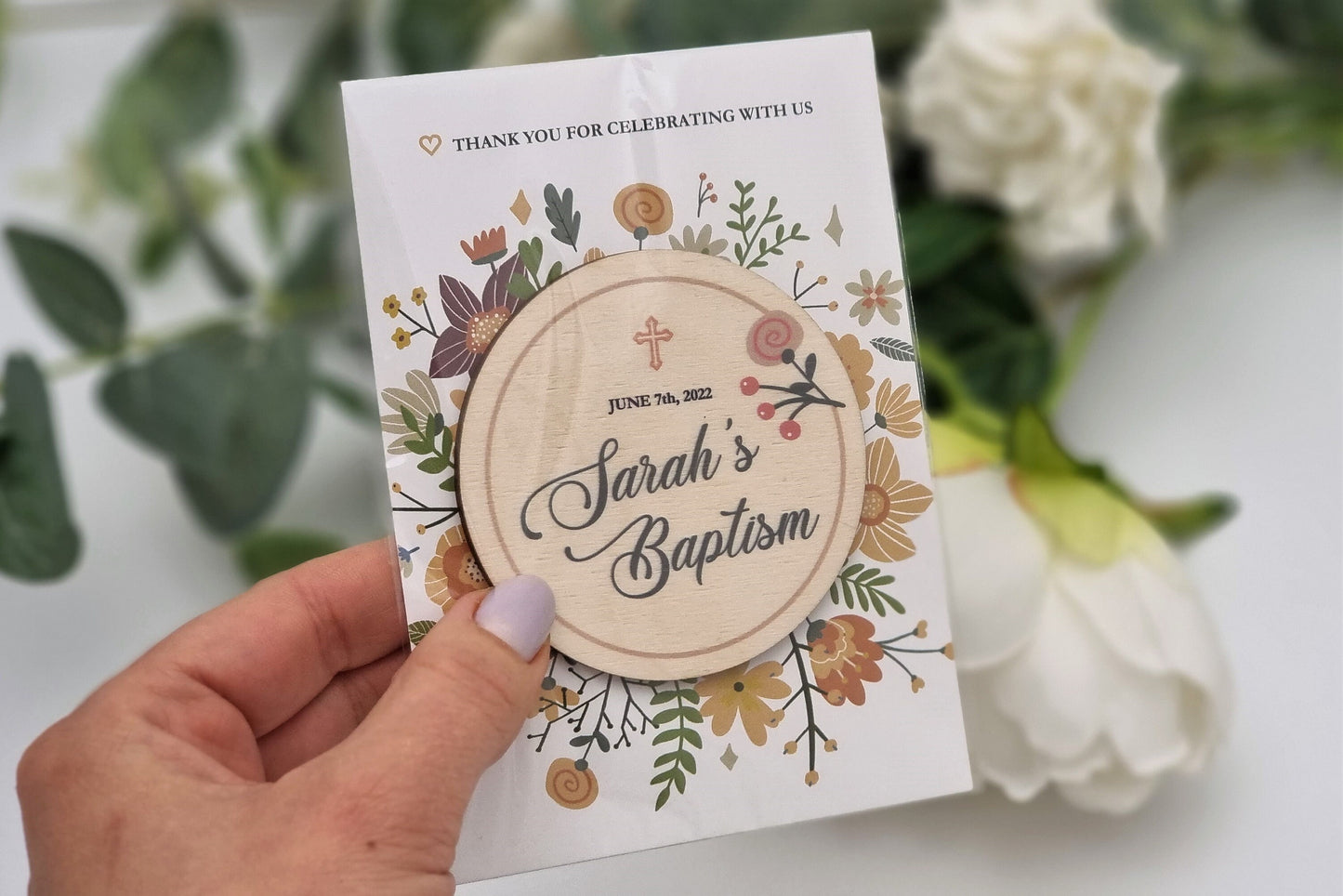 Floral baptism favors, Personalized refrigerator magnets, Autumn baptism favors