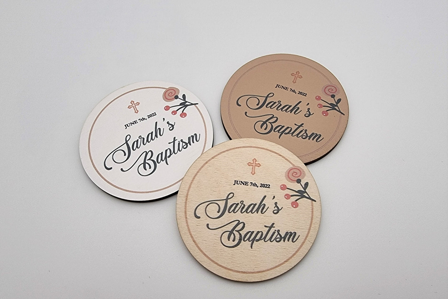 Floral baptism favors, Personalized refrigerator magnets, Autumn baptism favors