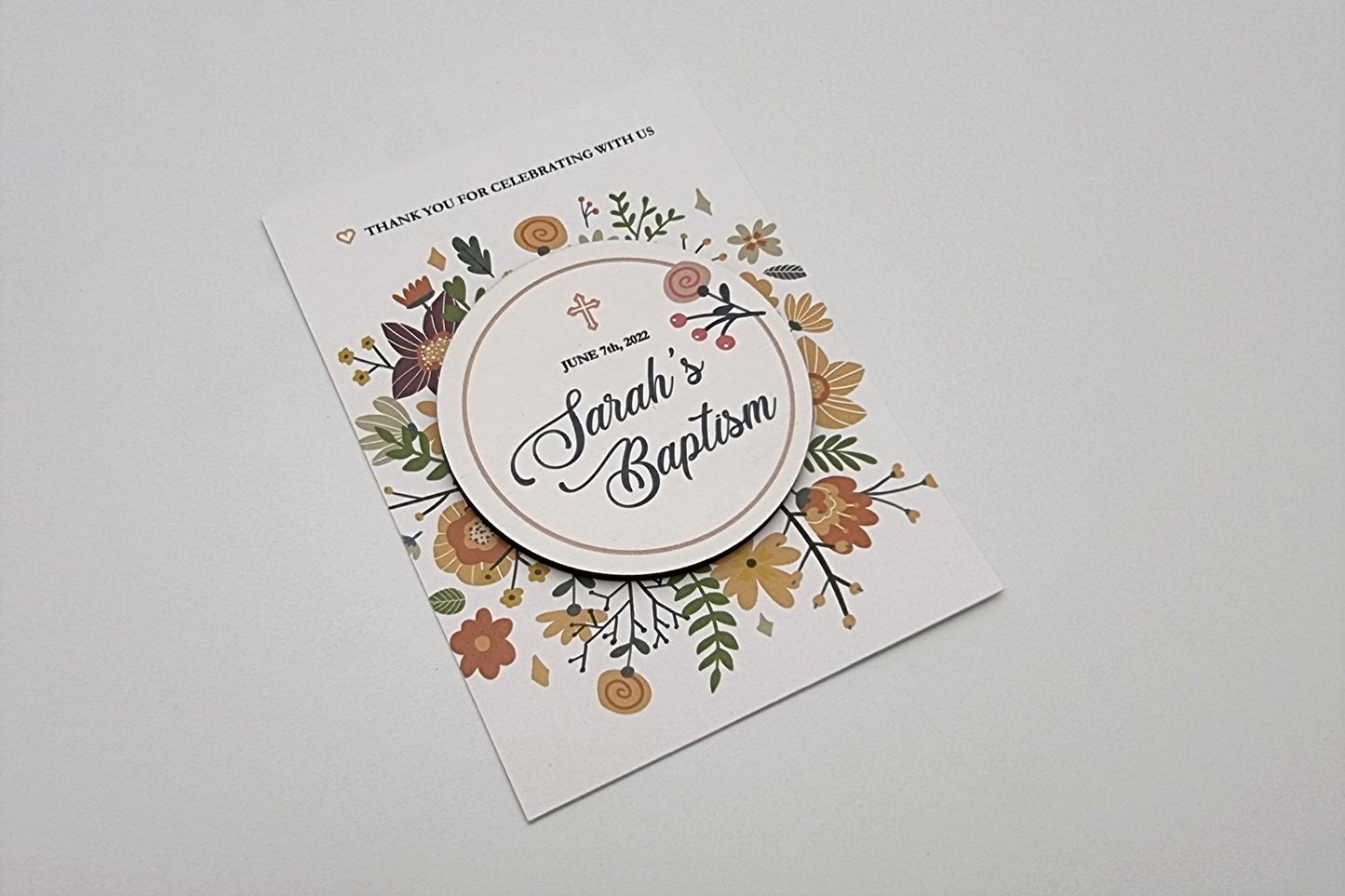 Floral baptism favors, Personalized refrigerator magnets, Autumn baptism favors