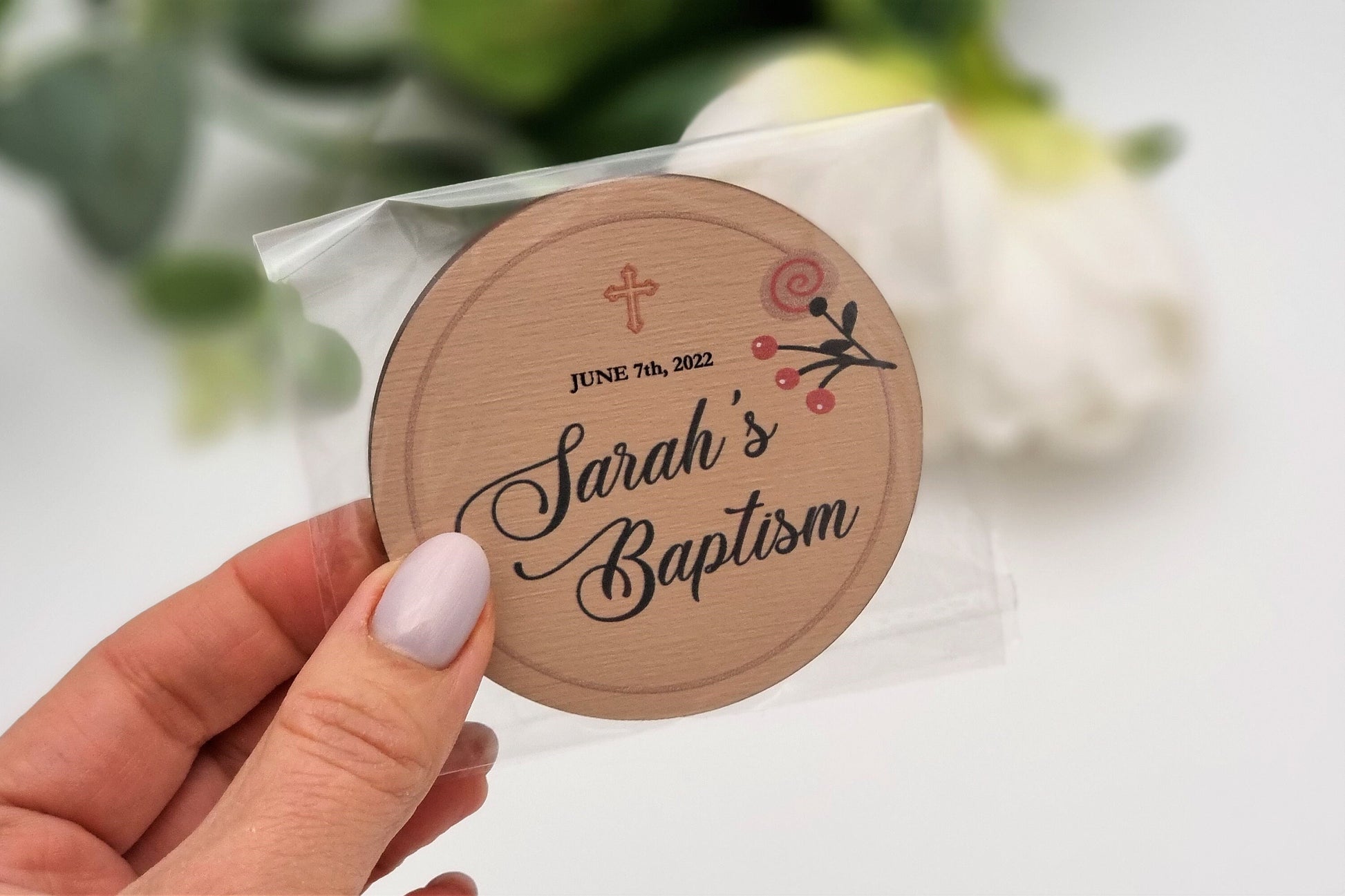 Floral baptism favors, Personalized refrigerator magnets, Autumn baptism favors