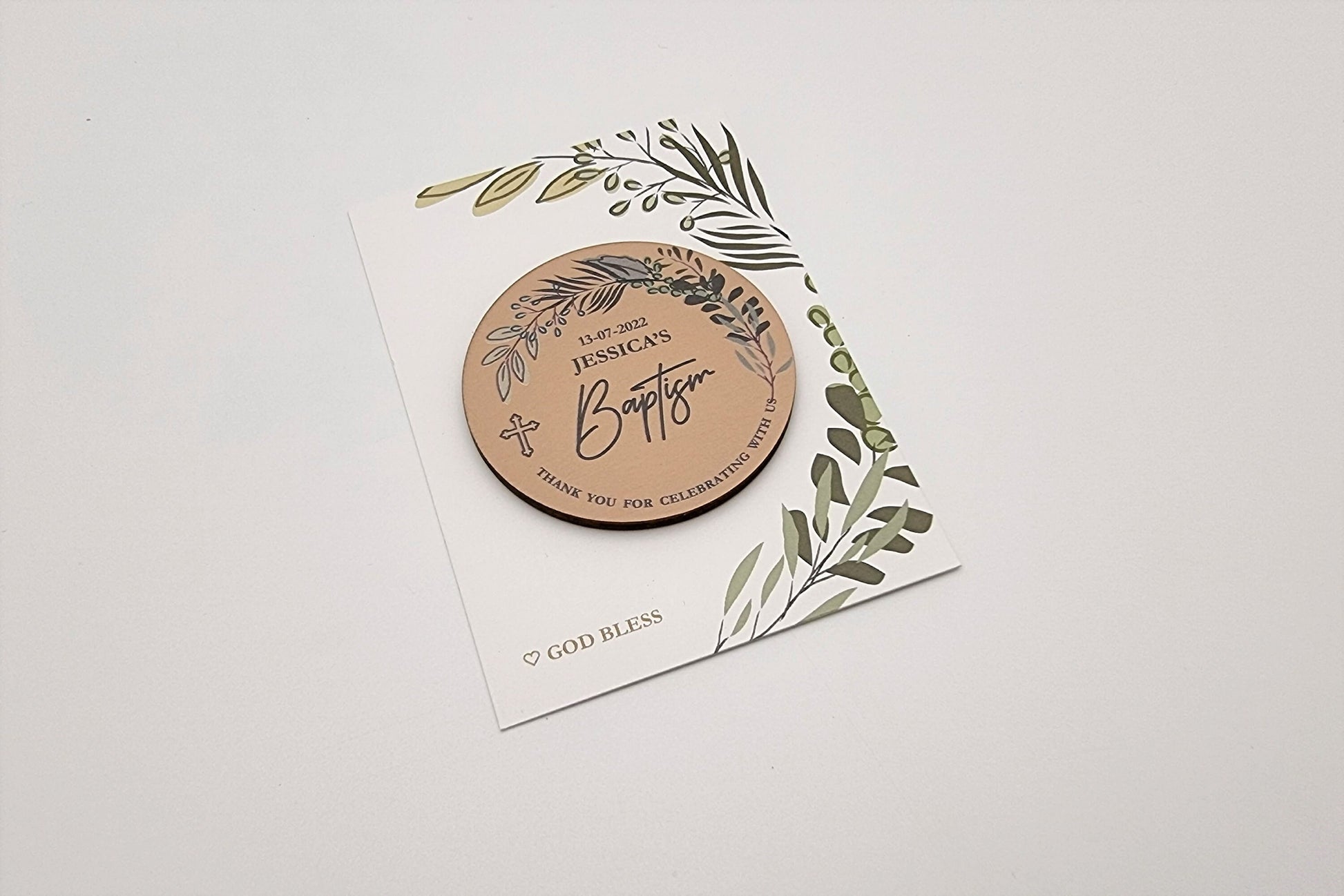 Greenery baptism favors, Thank you gift for guests, Personalized magnets