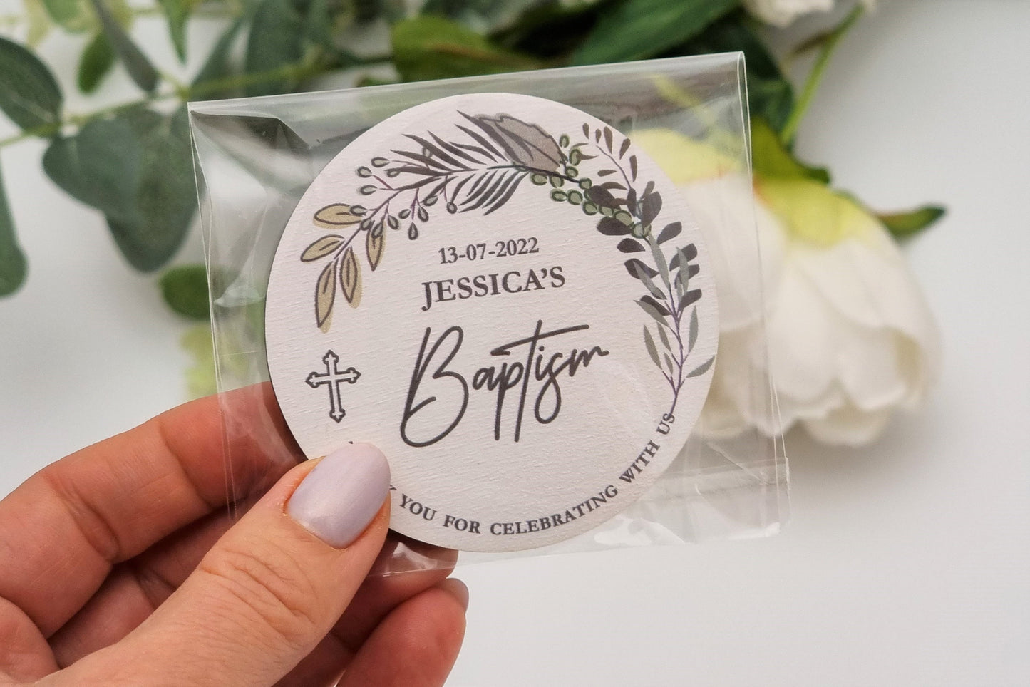 Greenery baptism favors, Thank you gift for guests, Personalized magnets