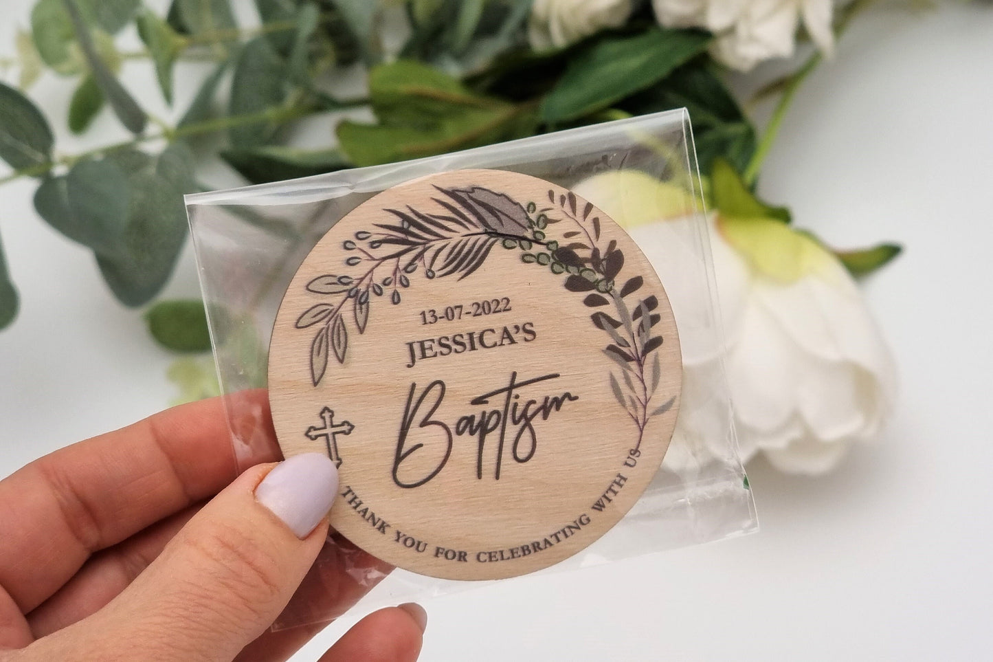 Greenery baptism favors, Thank you gift for guests, Personalized magnets