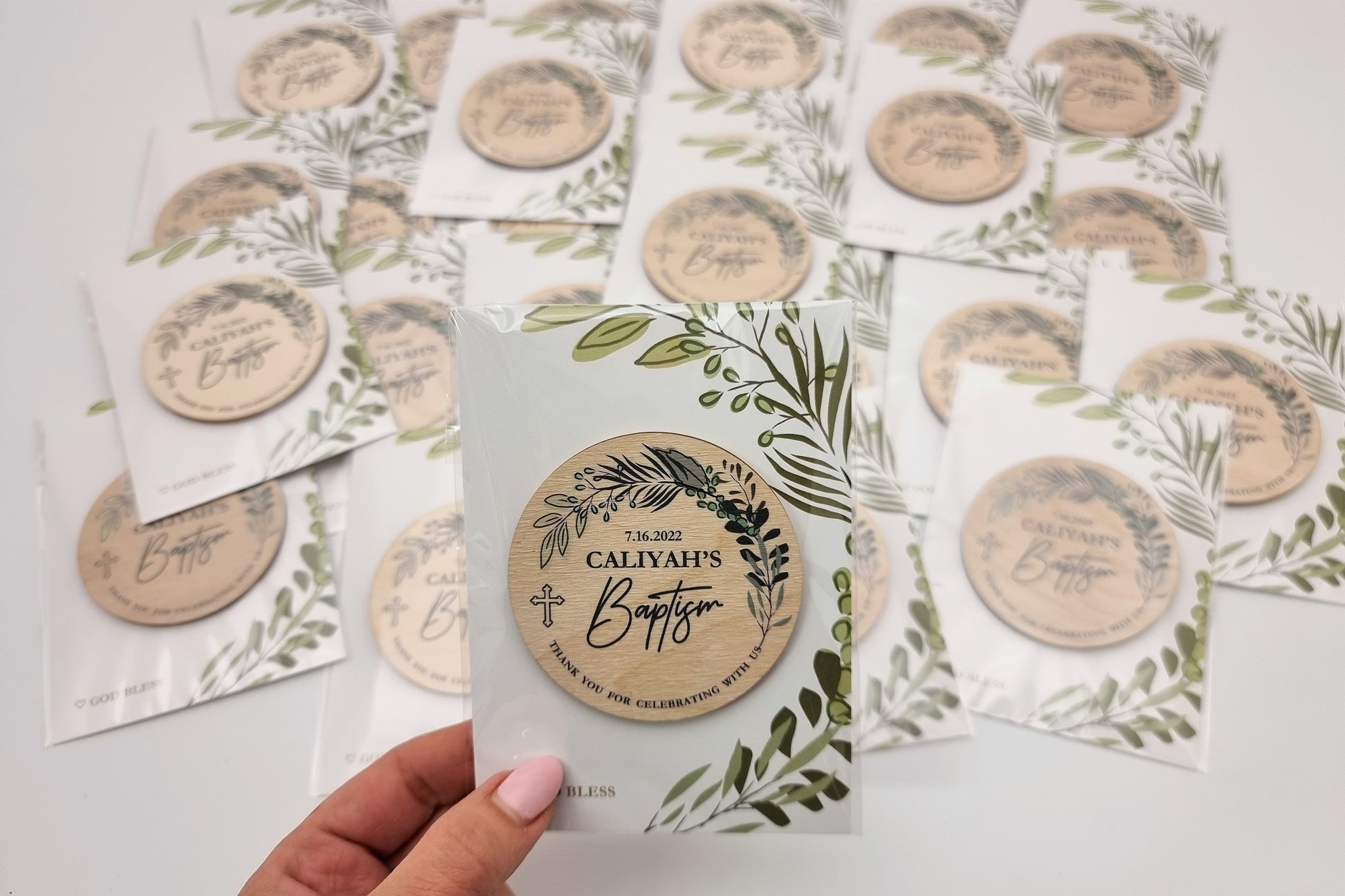 Greenery baptism favors, Thank you gift for guests, Personalized magnets