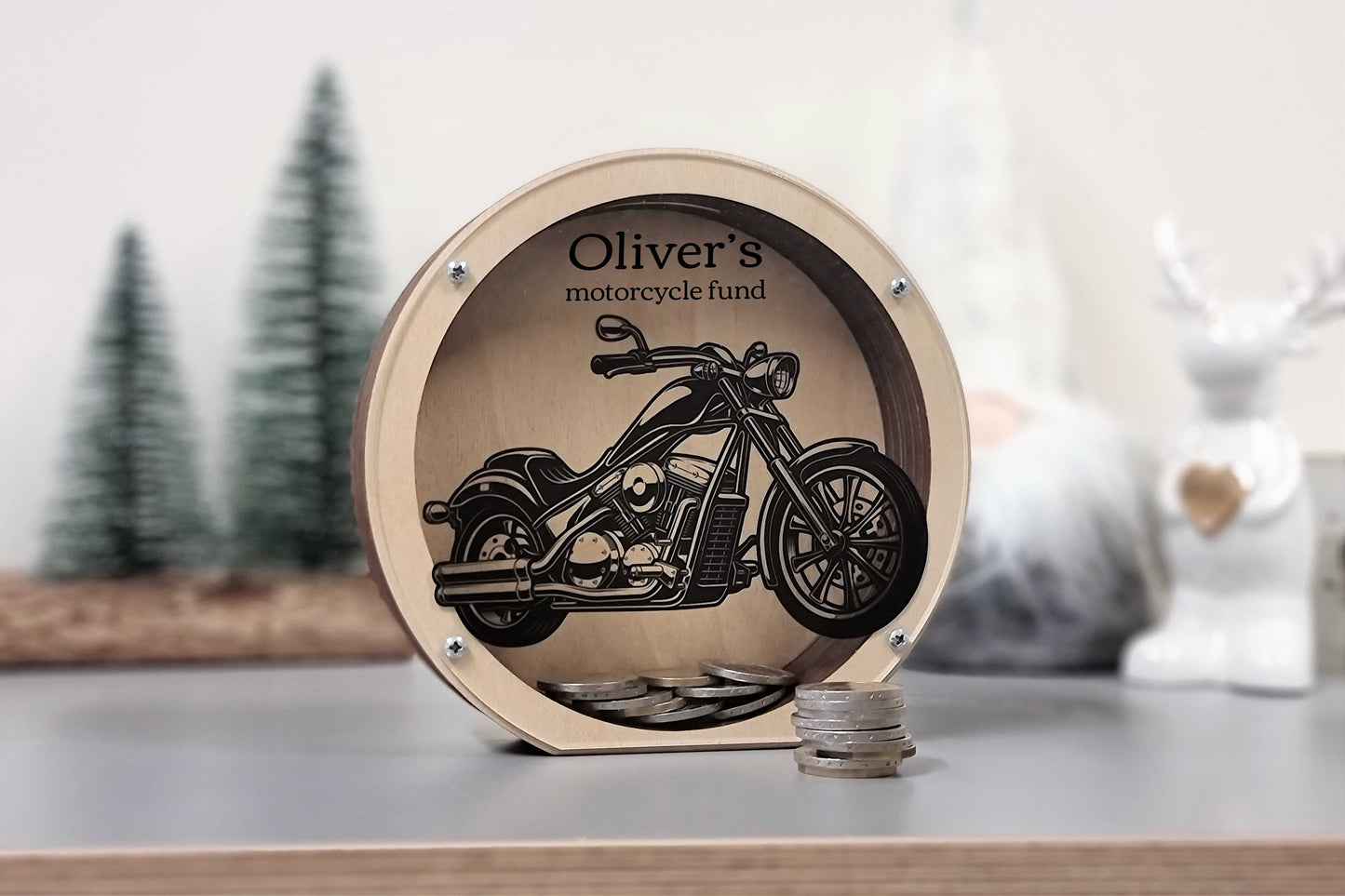 Wooden piggy bank Motorcycle Gift Personalized gift