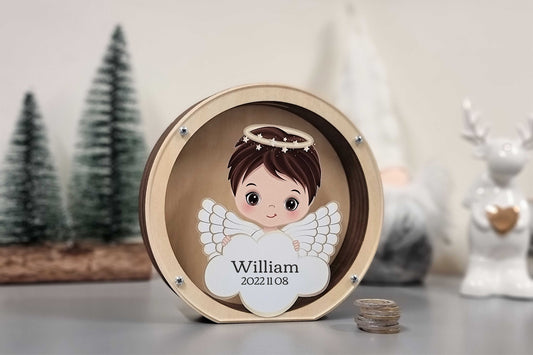 Personalized baptism gift idea for boy, Wooden piggy bank with angel, Christening favors, piggy banks for boys