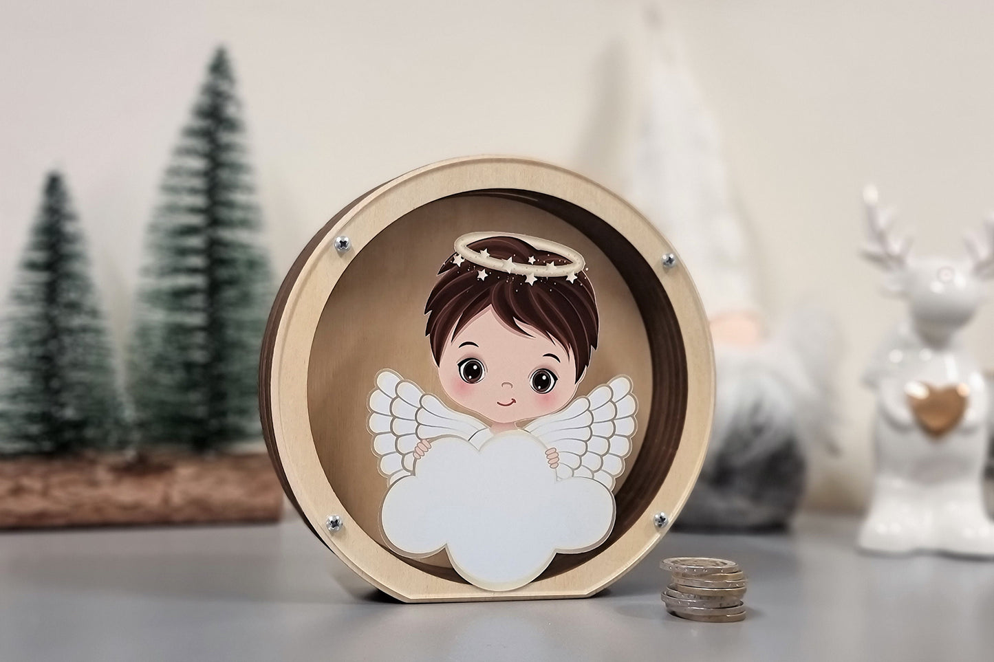 Personalized baptism gift idea for boy, Wooden piggy bank with angel, Christening favors, piggy banks for boys