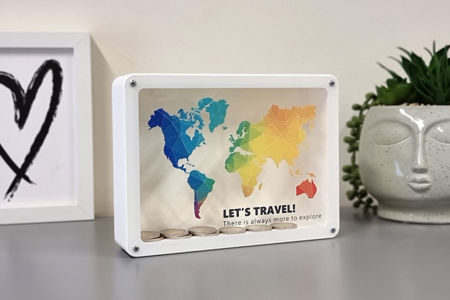 3D printed White piggy bank with world map, Travel fund, made of PLA plastic