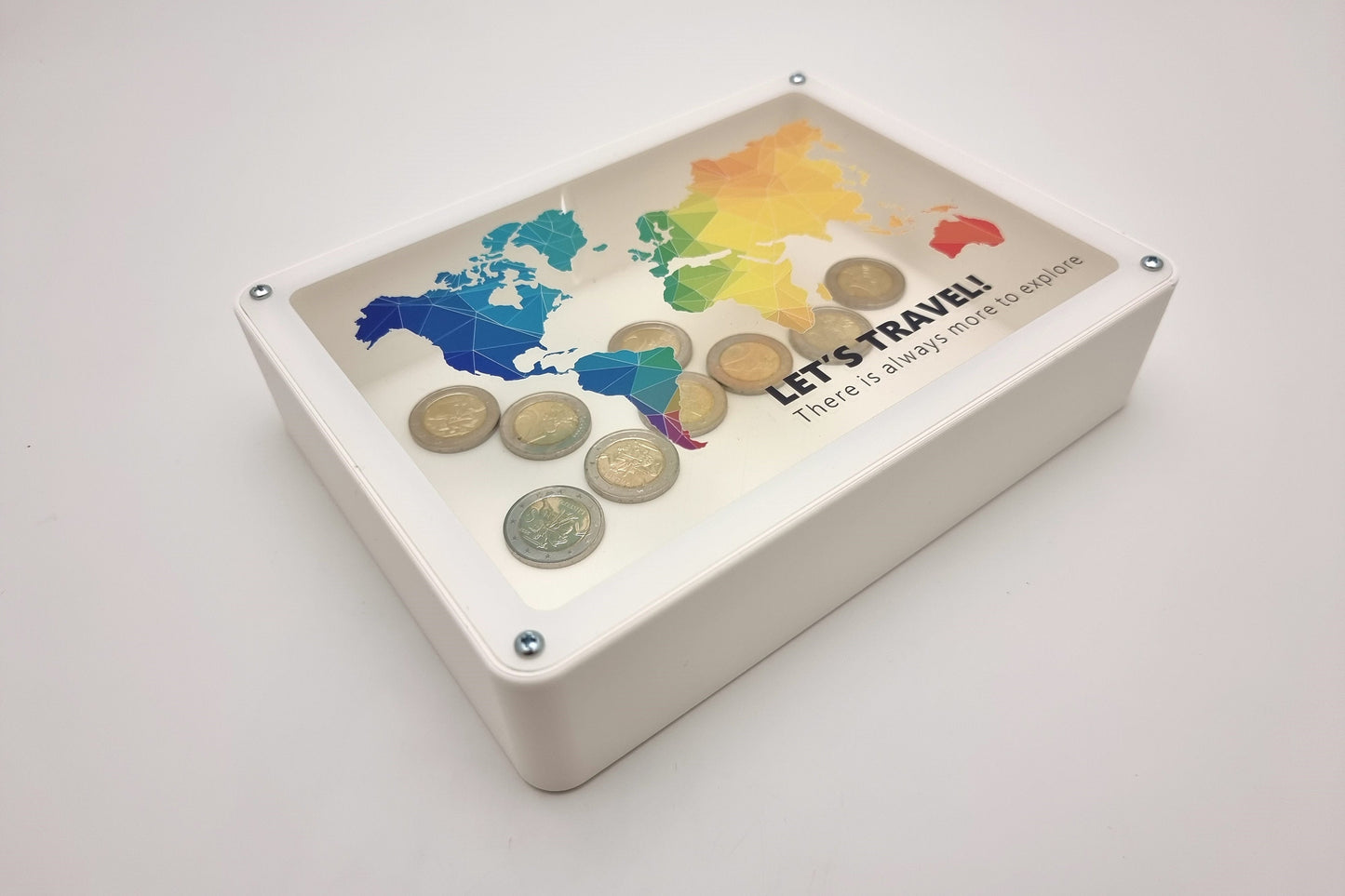 3D printed White piggy bank with world map, Travel fund, made of PLA plastic