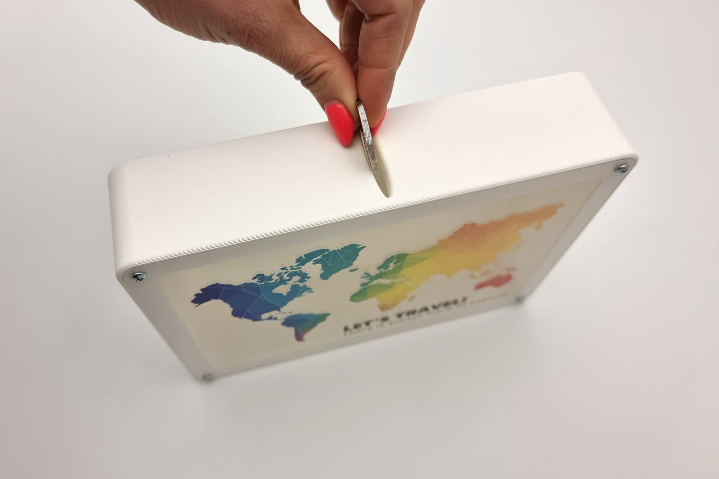 3D printed White piggy bank with world map, Travel fund, made of PLA plastic