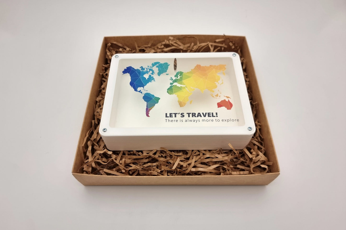 3D printed White piggy bank with world map, Travel fund, made of PLA plastic