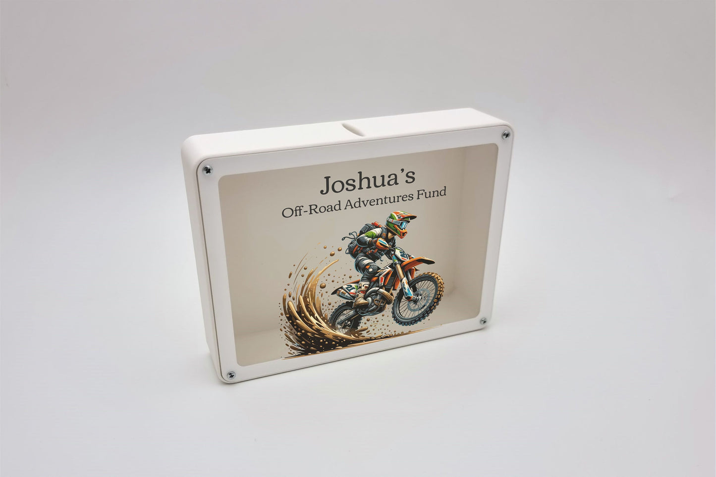 Personalized dirt bike piggy bank - 3d printed piggy bank made of PLA plastic - Perfect motorcycle gift!