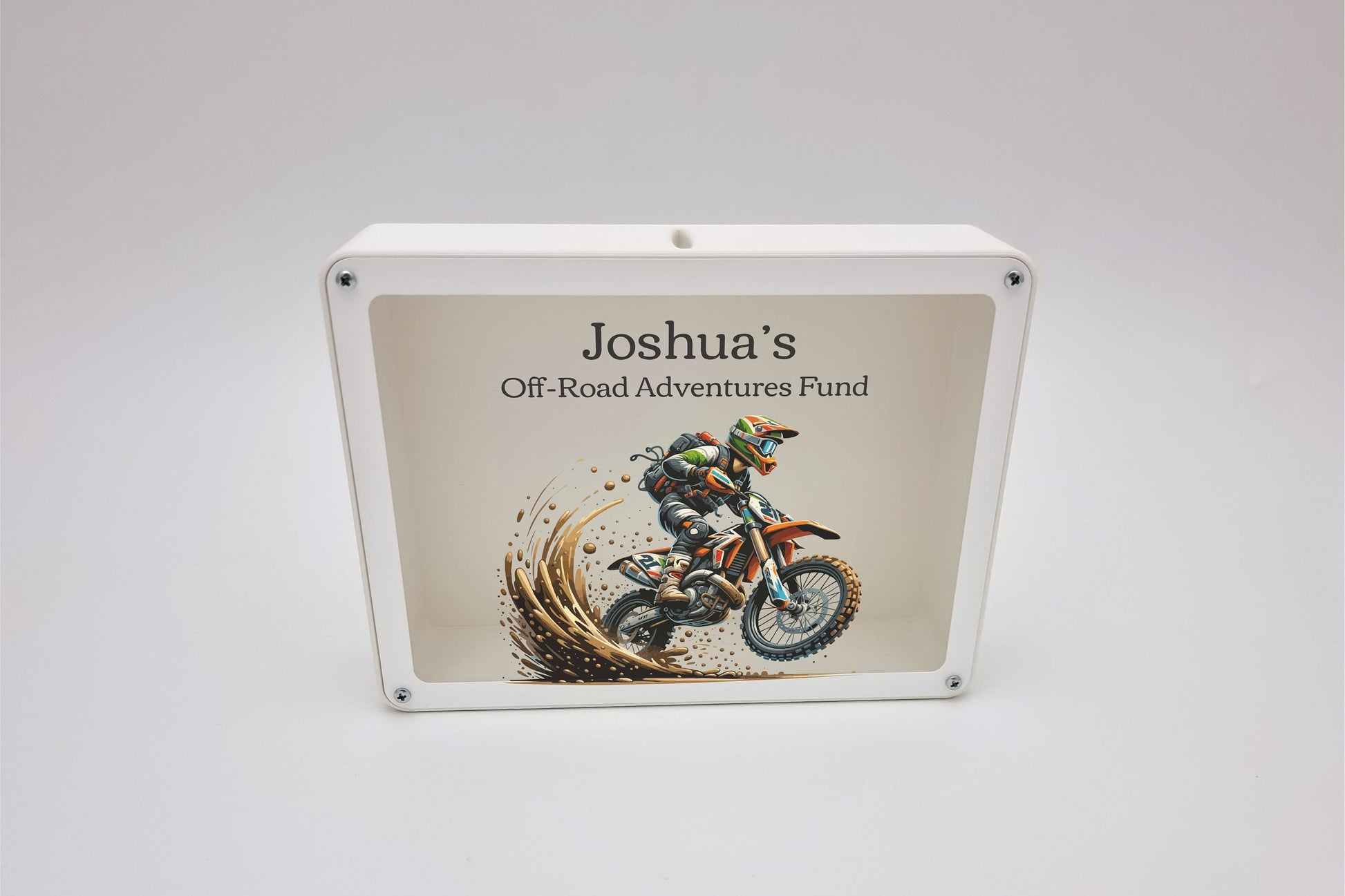 Personalized dirt bike piggy bank - 3d printed piggy bank made of PLA plastic - Perfect motorcycle gift!