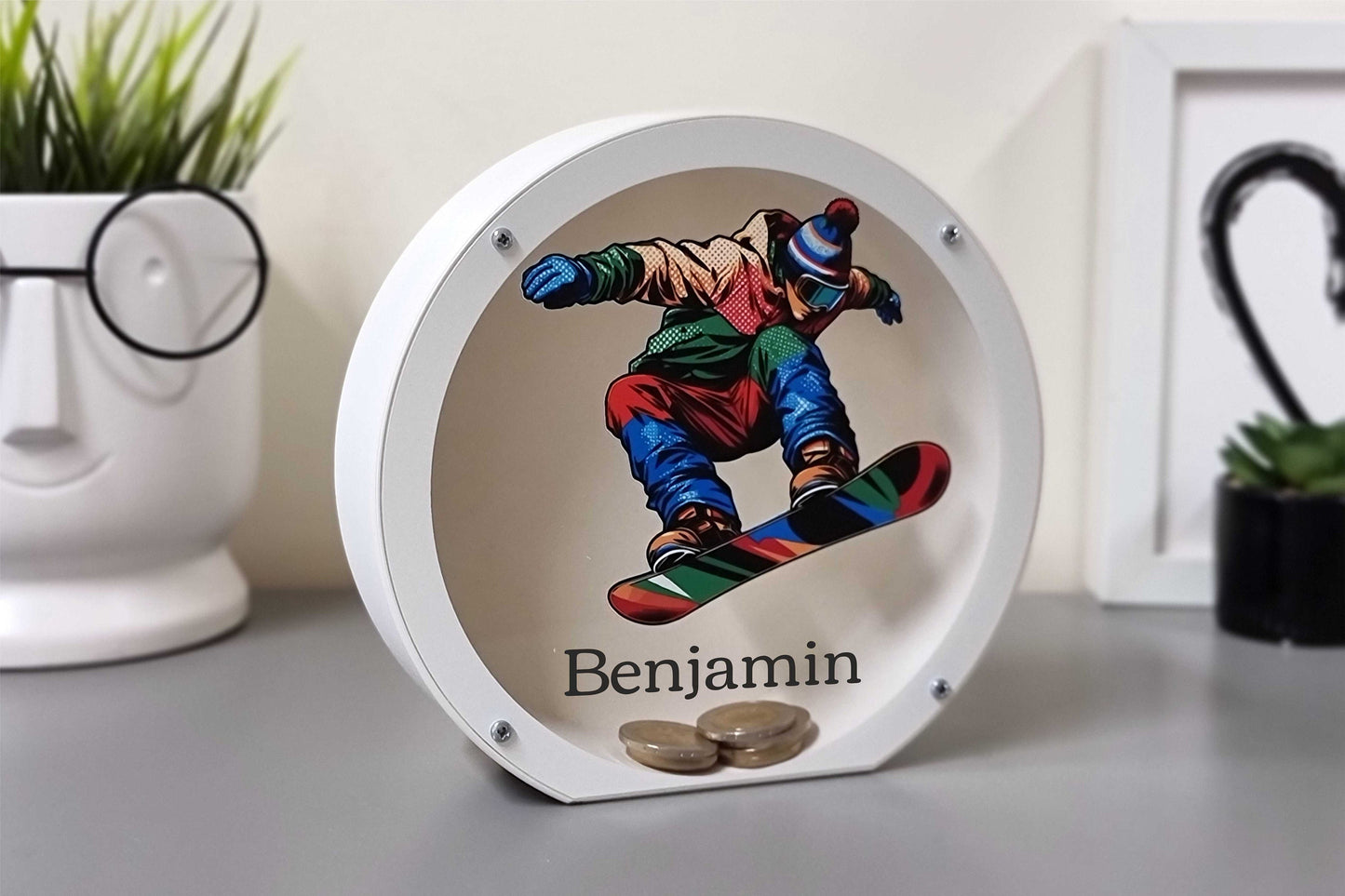 Personalized Snowboarder Gift - Winter Sports Piggy Bank - 3D Printed with PLA Plastic, Customizable gift for snowboarder