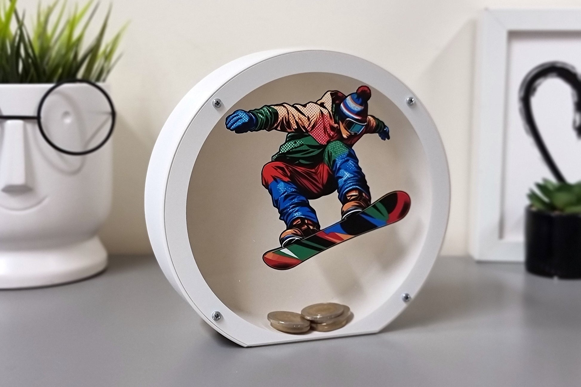 Personalized Snowboarder Gift - Winter Sports Piggy Bank - 3D Printed with PLA Plastic, Customizable gift for snowboarder