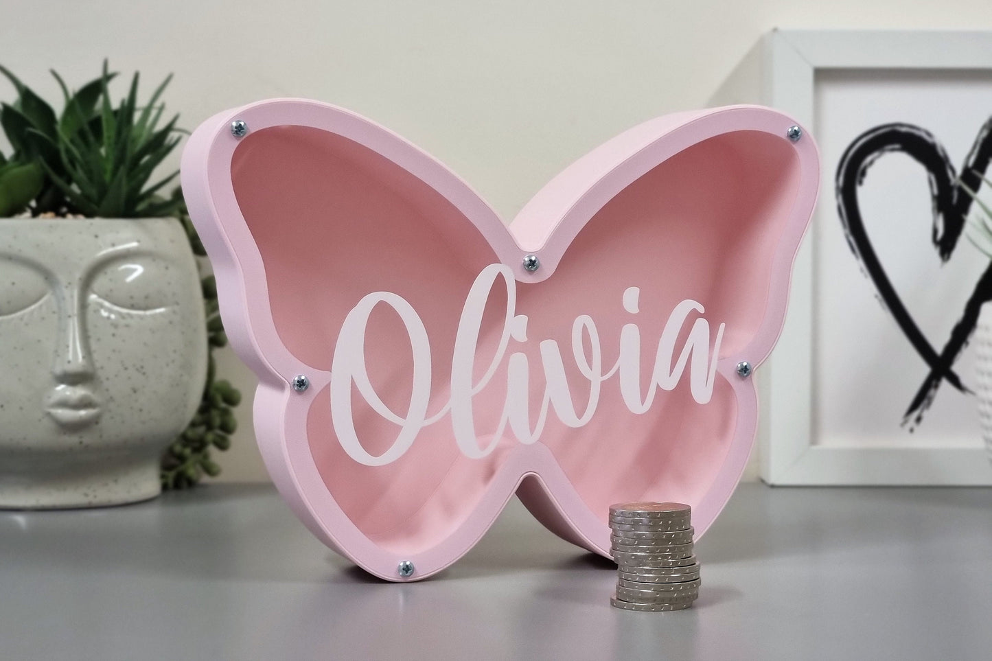 Pink Butterfly Piggy Bank Made of PLA Plastic - Personalized money box for Kids - Perfect Gift Idea for Girls