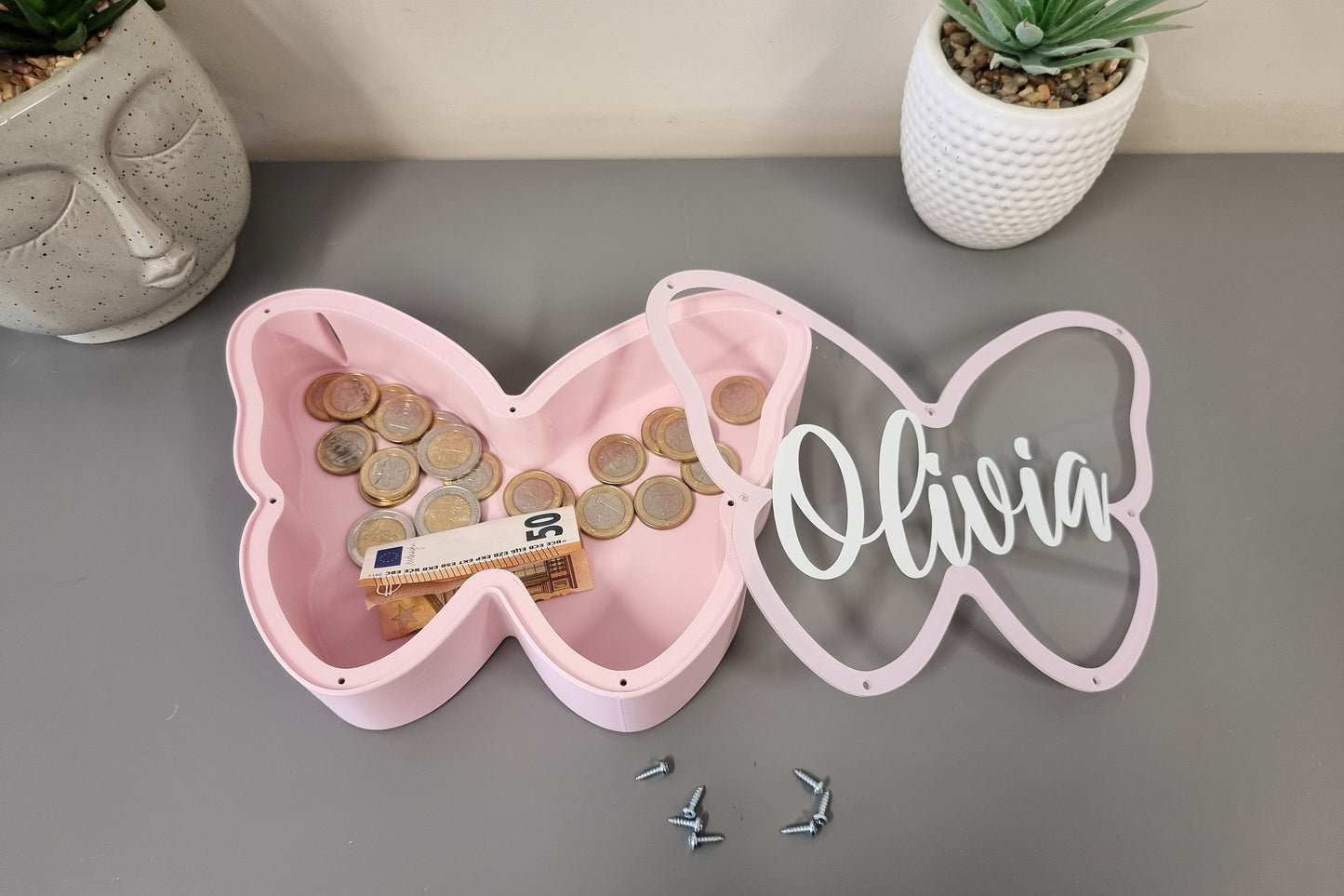 Pink Butterfly Piggy Bank Made of PLA Plastic - Personalized money box for Kids - Perfect Gift Idea for Girls