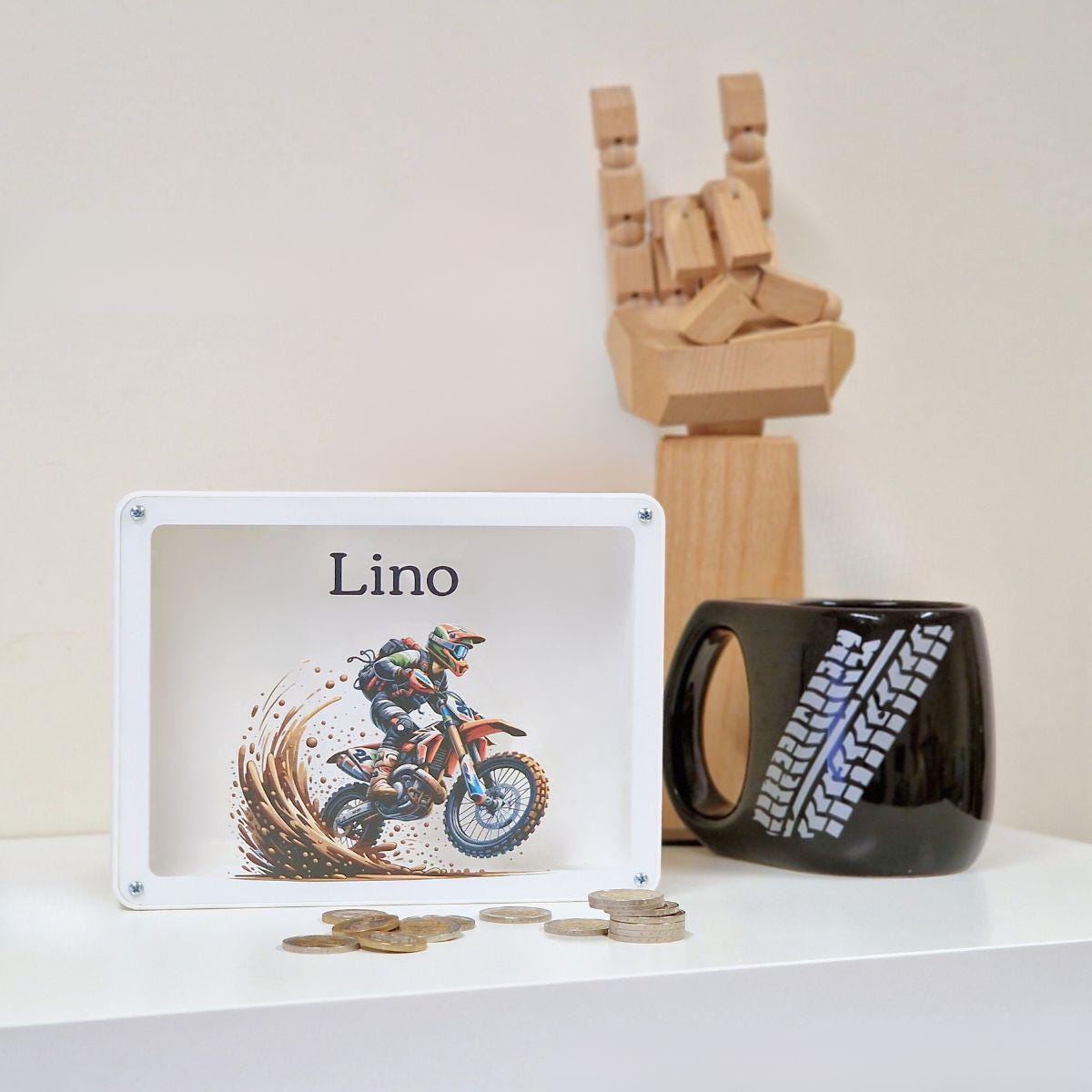 Personalized dirt bike piggy bank - 3d printed piggy bank made of PLA plastic - Perfect motorcycle gift!